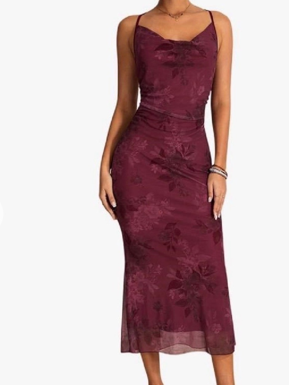 Slim Burgundy Floral Slip Midi Dress with Spaghetti Straps
